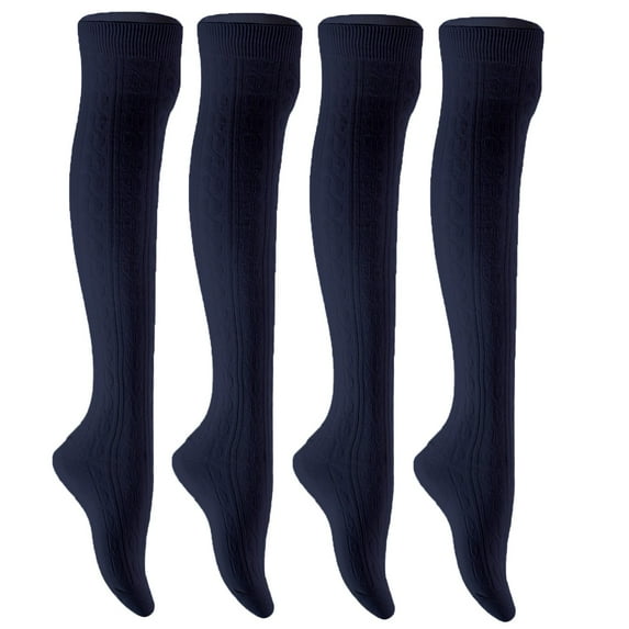 Women's 4 Pairs Super Durable, Awesome, Comfortable, Soft Thigh High Cotton Boot Socks MJ1024 Size 6-9Navy