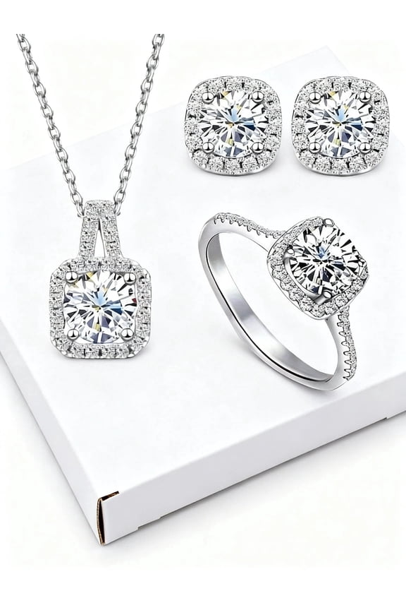Women's 4-Piece Cubic Zirconia Jewelry Set Elegant Ring, Earrings, Necklace & Clavicle Chain, Luxury Gift for Her
