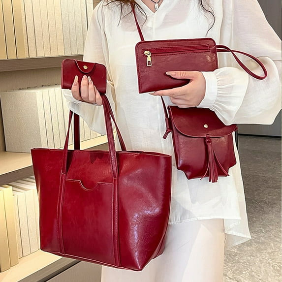 Women's 4 Piece Handbag Set PU Leather Large Capacity Tote Shoulder Bag Crossbody Purse with Wallet & Card Holder for Travel Work Daily Use Gift for Women