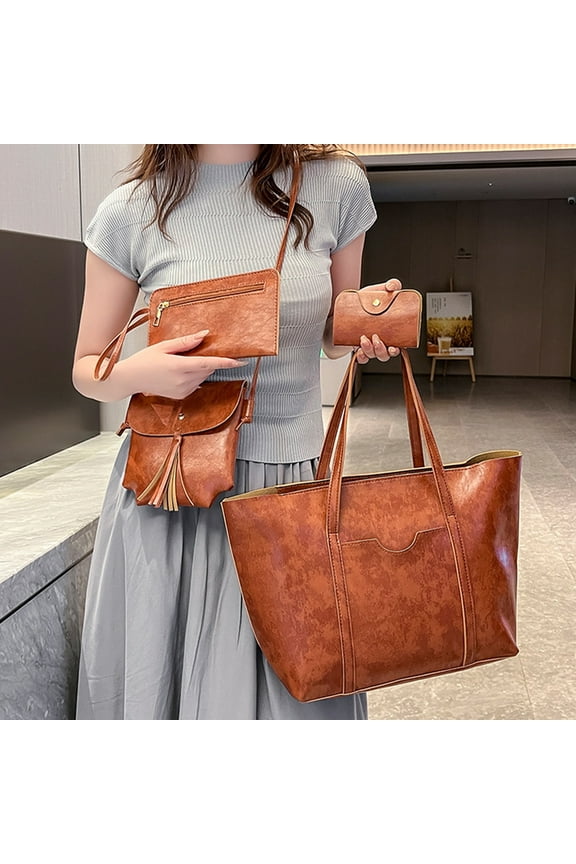 Women's 4 Piece Handbag Set PU Leather Large Capacity Tote Shoulder Bag and Wallet Brown Vintage Faux Leather Purse Set for Travel Work Daily