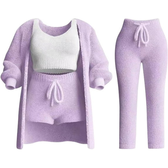 Women's 4-Piece Knit Pajama Set, 2025 Upgraded Ultra-Soft Fleece Lounge Set with Plush Cardigan, Sleeveless Crop Top & High-Waisted Shorts, Cozy Matching Loungewear for Women