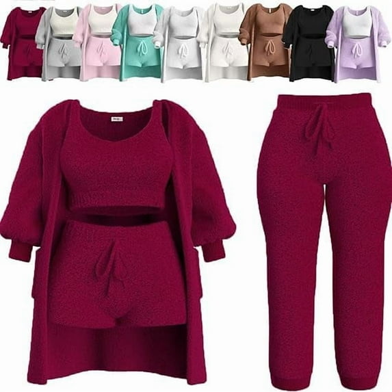 Women's 4-Piece Knit Pajama Set, 2025 Upgraded Ultra-Soft Fleece Lounge Set with Plush Cardigan, Sleeveless Crop Top & High-Waisted Shorts, Cozy Matching Loungewear for Women
