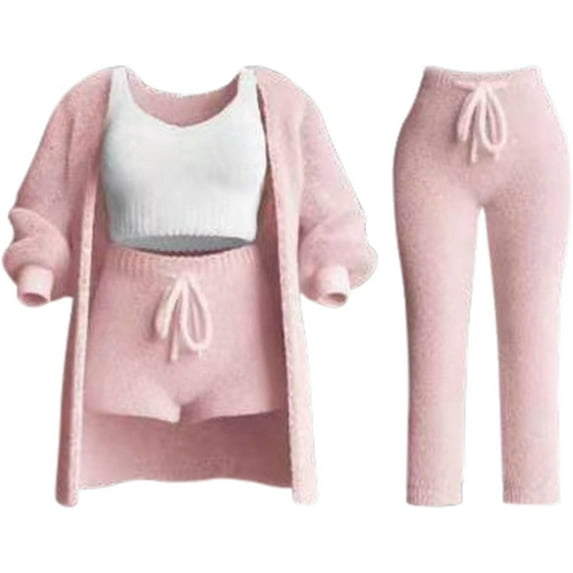 Women's 4-Piece Knit Pajama Set, 2025 Upgraded Ultra-Soft Fleece Lounge Set with Plush Cardigan, Sleeveless Crop Top & High-Waisted Shorts, Cozy Matching Loungewear for Women