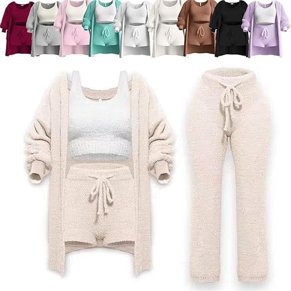 Women's 4-Piece Knit Pajama Set, 2025 Upgraded Ultra-Soft Fleece Lounge Set with Plush Cardigan, Sleeveless Crop Top & High-Waisted Shorts, Cozy Matching Loungewear for Women