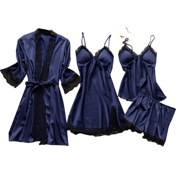 Women's 4-Piece Robe Nightgown Camisole Pants Silk Satin Sleepwear Set Home Loungewear Bundle