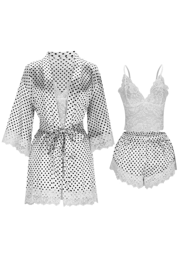 Women's 4-Piece Satin Pajama Set - Lace Trim Polka Dot Kimono Robe Loungewear, Sexy Silk Sleepwear for Bride & Bridesmaids