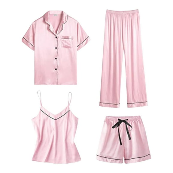 Women's 4 Piece Satin Pajama Set Short Sleeve Top & Shorts with Suspenders, Matching Sleepwear & Lounge Set for Summer, Bridesmaids or Vacation Pink M