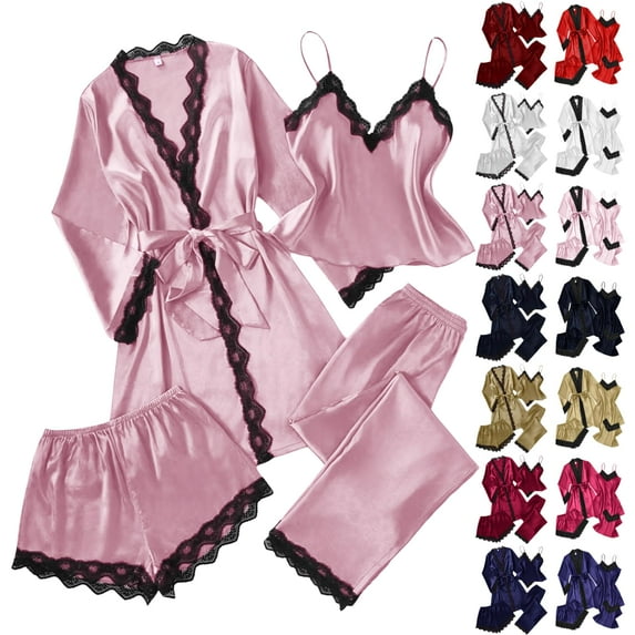Women's 4 Piece Soft Satin Pajama Set Sleepwear Burgundy S