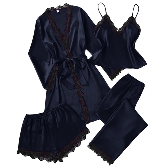 Women's 4 Piece Soft Satin Pajama Set Sleepwear Navy Blue XL