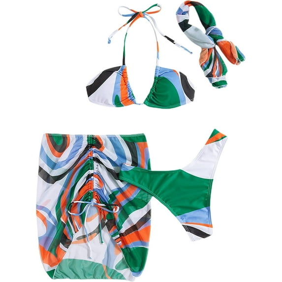 Women's 4 Piece Swimsuits Triangle Bikini Bathing Suits with Mesh Beach Skirt & Bandana Bikini Sets