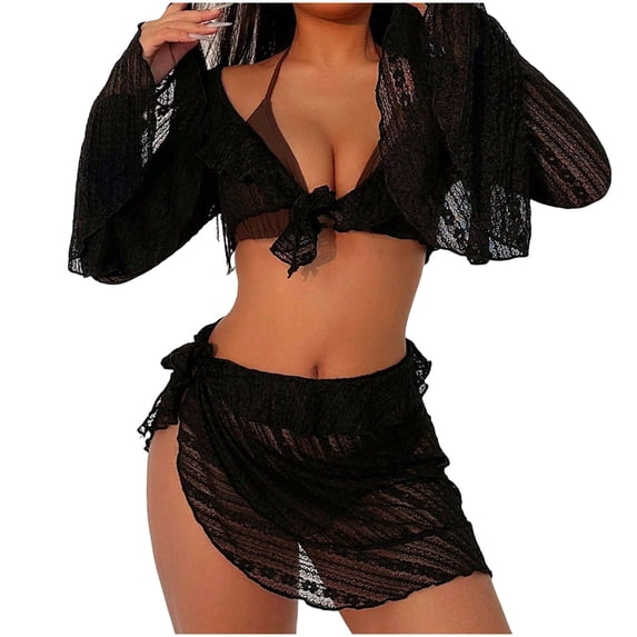 Women's 4 Pieces Halter Triangle Mesh Bathing Suit Long Sleeve Knot Bikini Cover Up and Mini Skirt Wrap Sets