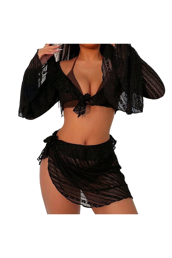 Women's 4 Pieces Halter Triangle Mesh Bathing Suit Long Sleeve Knot Bikini Cover Up and Mini Skirt Wrap Sets