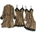 thumbnail image 1 of Women's 4 Pieces Satin Silk Pajamas Sets, Plus Size Leopard Printed Lace Trim V-Neck Sleepwear Robes Sling Underwear Pants 4XL, 1 of 8