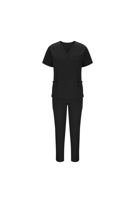 Women's 4-Way Stretch Multi-Pocket Scrub Sets V-Neck Top & Drawstring Pants Short Sleeve Elastic Waist Nursing Uniform Quick Dry Durable Workwear for Esthetician