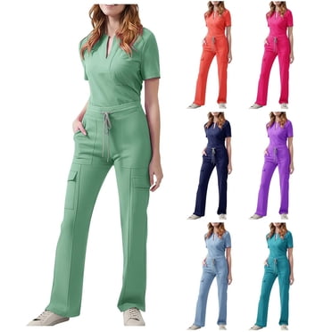 Women's 4-Way Stretch Scrub Sets Notch V Neck Top & Multi-Pocket Cargo Pants Short Sleeve Nursing Uniform Soft Quick Dry Wrinkle-Free Utility Workwear for Healthcare