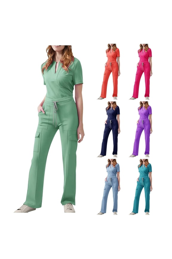 Women's 4-Way Stretch Scrub Sets Notch V Neck Top & Multi-Pocket Cargo Pants Short Sleeve Nursing Uniform Soft Quick Dry Wrinkle-Free Utility Workwear for Healthcare