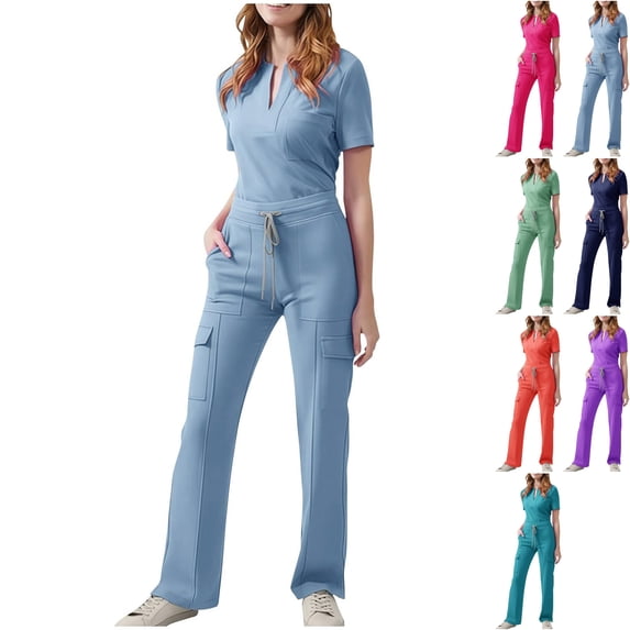 Women's 4-Way Stretch Scrub Sets Notch V Neck Top & Multi-Pocket Cargo Pants Short Sleeve Nursing Uniform Soft Quick Dry Wrinkle-Free Utility Workwear for Healthcare