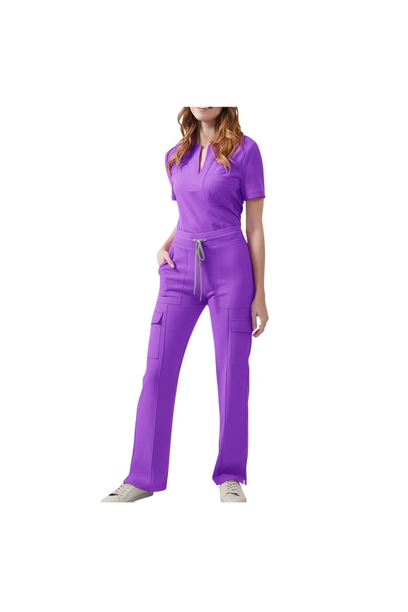 Women's 4-Way Stretch Scrub Sets Notch V Neck Top & Multi-Pocket Cargo Pants Short Sleeve Nursing Uniform Soft Quick Dry Wrinkle-Free Utility Workwear for Healthcare