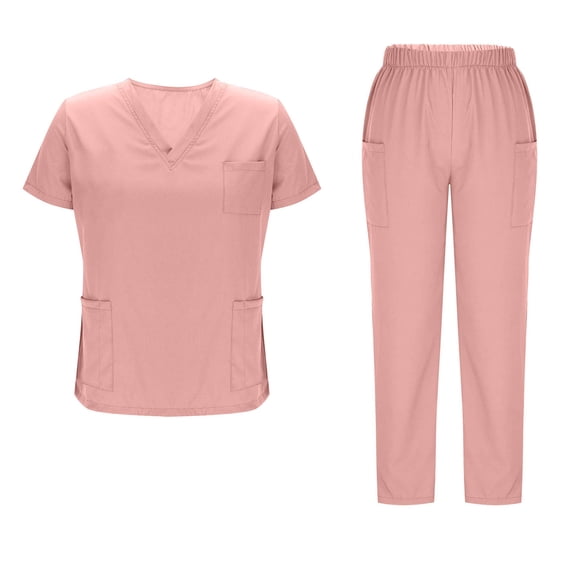 Women's 4-Way Stretch Scrub Sets V-Neck Top and Pull-On Straight Leg Pants Elastic Waist 2 Piece Nursing Uniform Performance Wrinkle Free Workwear Suit