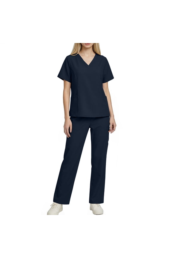 Women's 4-Way Stretch Scrub Sets V-Neck Top & Straight Leg Cargo Pants Multi-Pocket Nursing Uniform Summer Quick Dry Wrinkle-Free Workwear for Healthcare Vet Dental