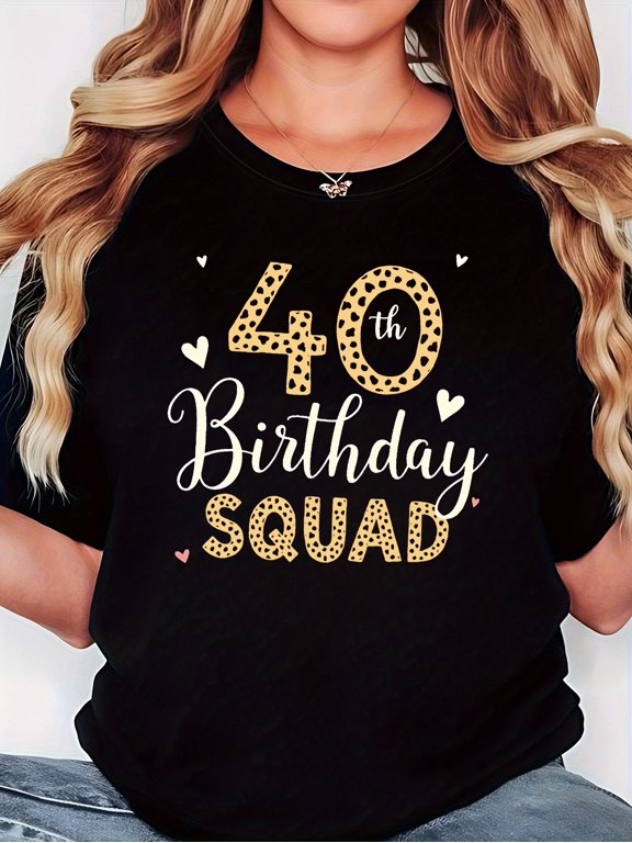 Women's 40th Birthday Squad Theme T-Shirt | Leopard Print Number & Slogan Decor, Casual Short Sleeve, Yellow-White Stylish Party Vibe for 40th Birthday Gathering