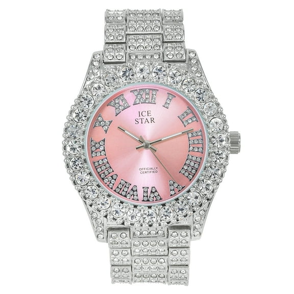 Women's 44mm Solitaire Bezel Watch - Bling-ed Out Adjustable Band - Silver Tone Finish with Ravishing Crystals - Simulated Diamond Watch with Roman Dial