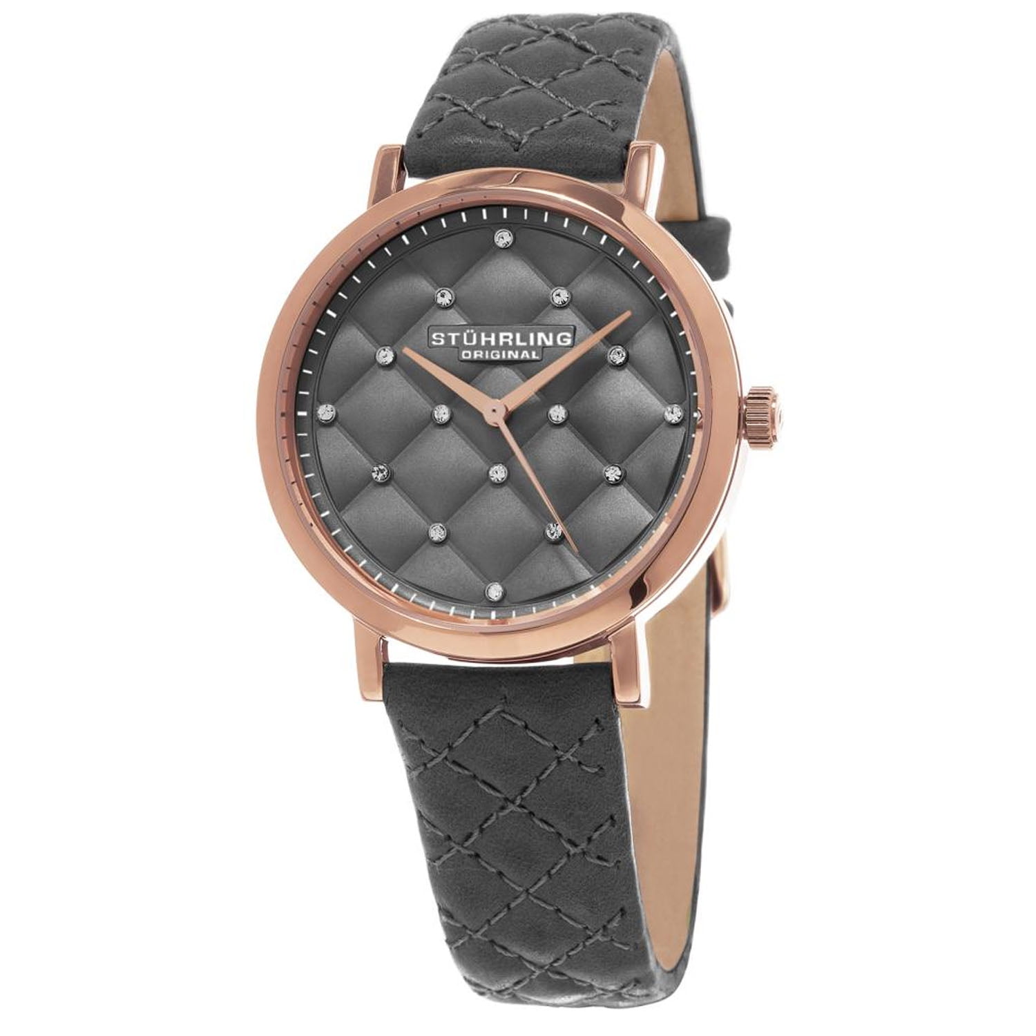 STUHRLING ORIGINAL Women's 462.01 Audrey Quartz Quilted Swarovski Crystal Grey Watch with Quilted Leather Band