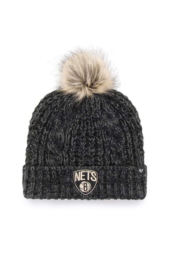 Women's '47 Black Brooklyn Nets Meeko Cuffed Knit Hat with Pom