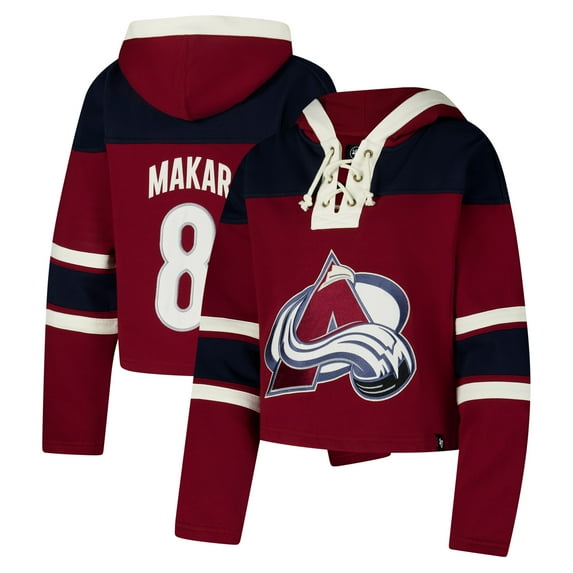 Women's '47 Cale Makar Burgundy Colorado Avalanche Superior Lacer Cropped Pullover Hoodie