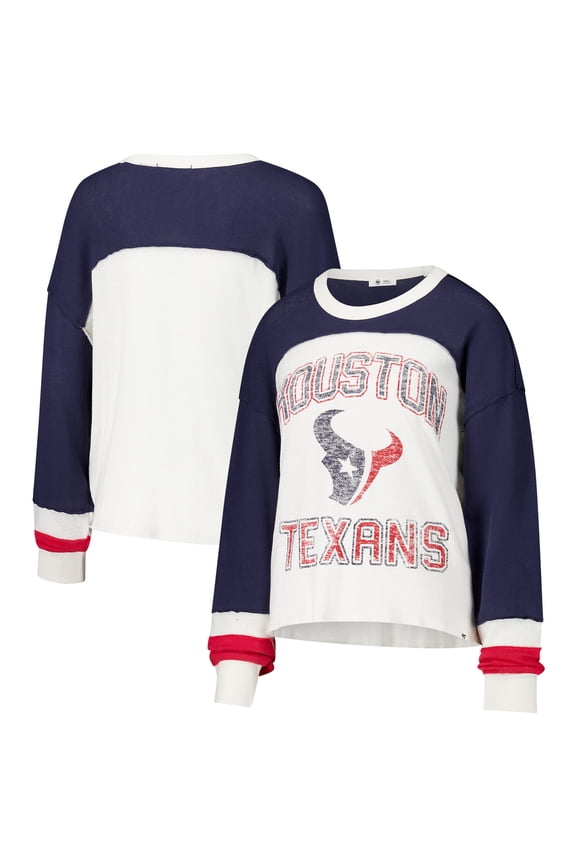 Women's '47 Cream Houston Texans Double Header Curve Raglan Long Sleeve Crop Top