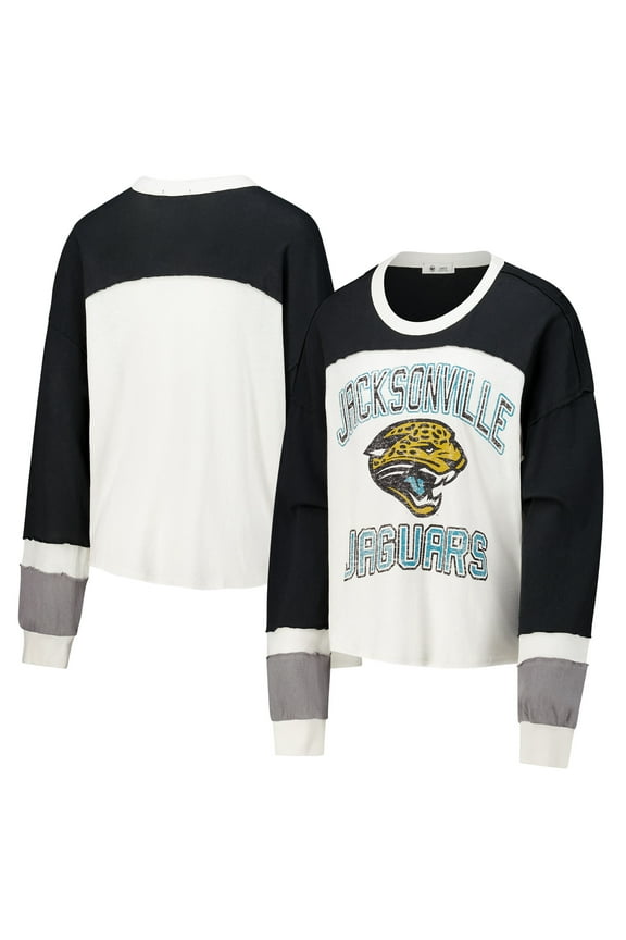 Women's '47 Cream Jacksonville Jaguars Double Header Curve Raglan Long Sleeve Crop Top