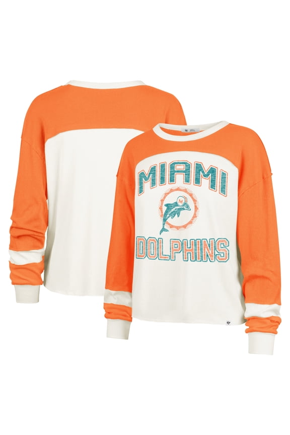 Women's '47 Cream Miami Dolphins Double Header Curve Raglan Long Sleeve Crop Top