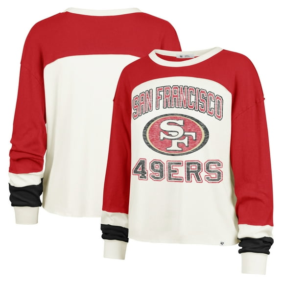 Women's '47 Cream San Francisco 49ers Double Header Curve Raglan Long Sleeve Crop Top
