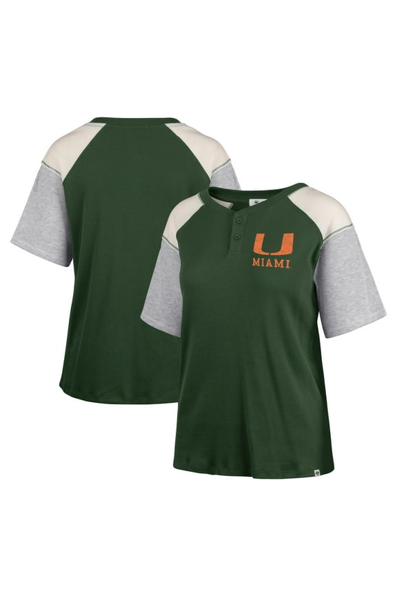 Women's '47 Green Miami Hurricanes Underline Harvey Colorblock Raglan Henley T-Shirt