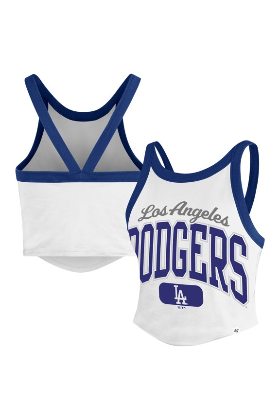 Women's '47 White Los Angeles Dodgers Trendy Team Rally Sporty Cropped Racerback Tank Top