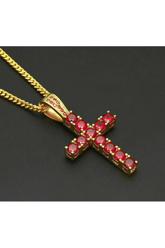 Women's 4Ct Round Cut Red Ruby Christ Cross Pendant 14K Yellow Gold Plated Silver