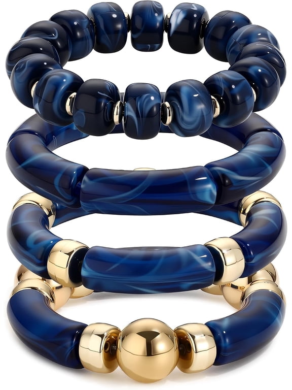 Women’s 4PCS Chunky Beaded Bracelet Set, Acrylic Resin Bead Stretch Bracelets, Boho Stackable Statement Jewelry for Summer Beach Style