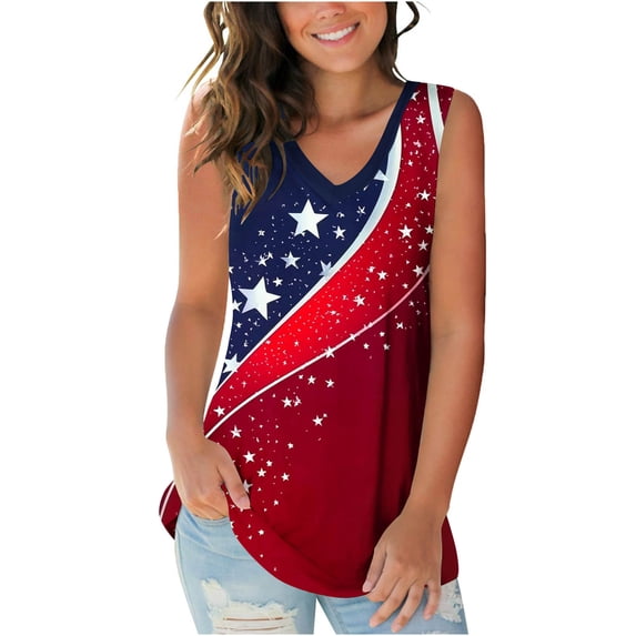 Women's 4Th of July Patriotic American Flag Print Tank Top, V Neck Sleeveless Casual Top