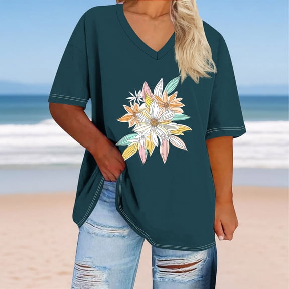 Women's 4X Plus Size V-Neck Short Sleeve Printed T-Shirt Loose Fit