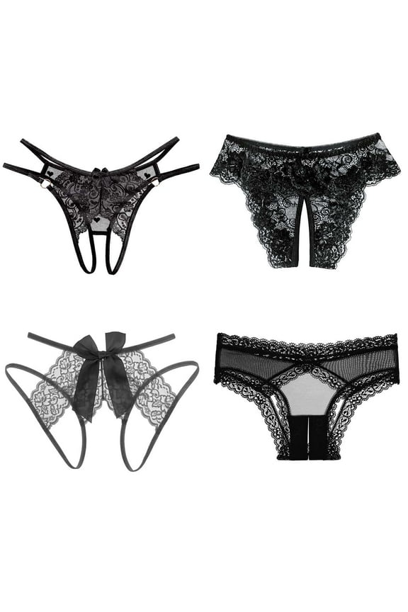 Women's 4in1 Sexy Open Crotch Panties Black Collection Low Rise Thong Lingerie Lace G-string Sleepwear Clothing Dresses Backless Knicker for Girlfriend Wife