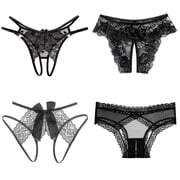 Womens 4in1 Sexy Open Crotch Panties Black Collection Low Rise Thong Lingerie Lace G-string Sleepwear Clothing Dresses Backless Knicker for Girlfriend Wife
