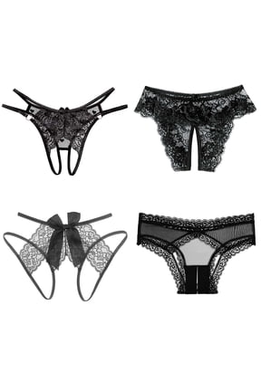 Women's 4in1 Sexy Open Crotch Panties Black Collection Low Rise Thong Lingerie Lace G-string Sleepwear Clothing Dresses Backless Knicker for Girlfriend Wife