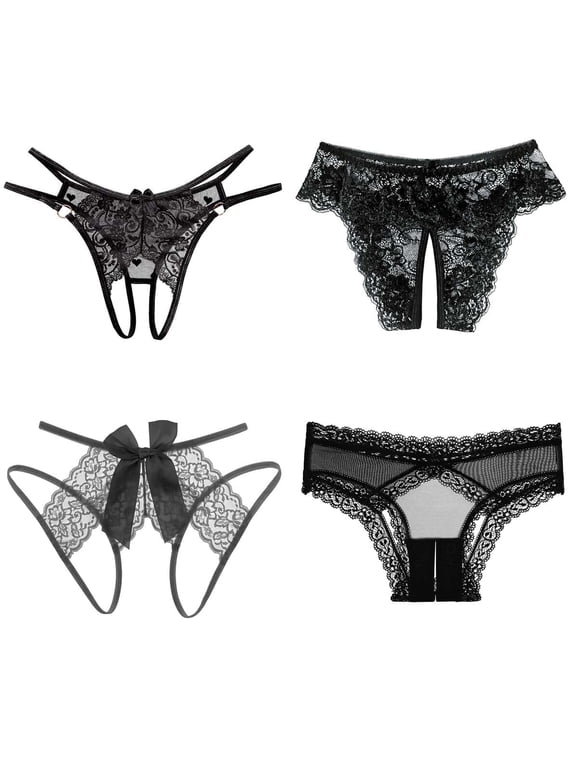 Women's 4in1 Sexy Open Crotch Panties Black Collection Low Rise Thong Lingerie Lace G-string Sleepwear Clothing Dresses Backless Knicker for Girlfriend Wife