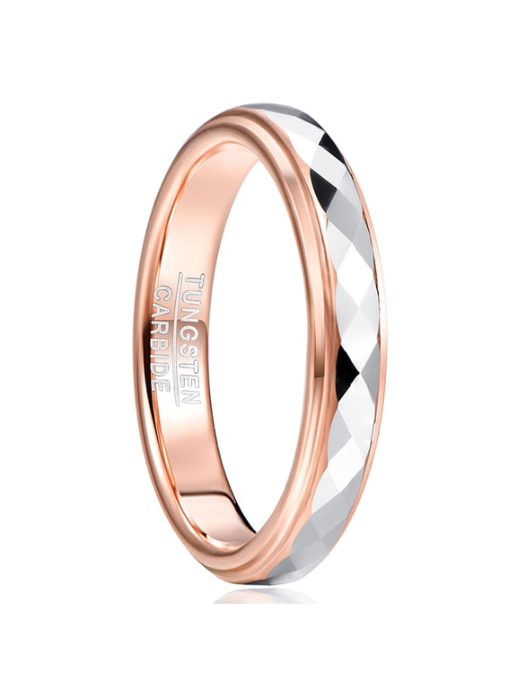 Women's 4mm Rose Gold Plated Tungsten Rings Silver Multifaceted Wedding Ring Step Edge Size 5-10