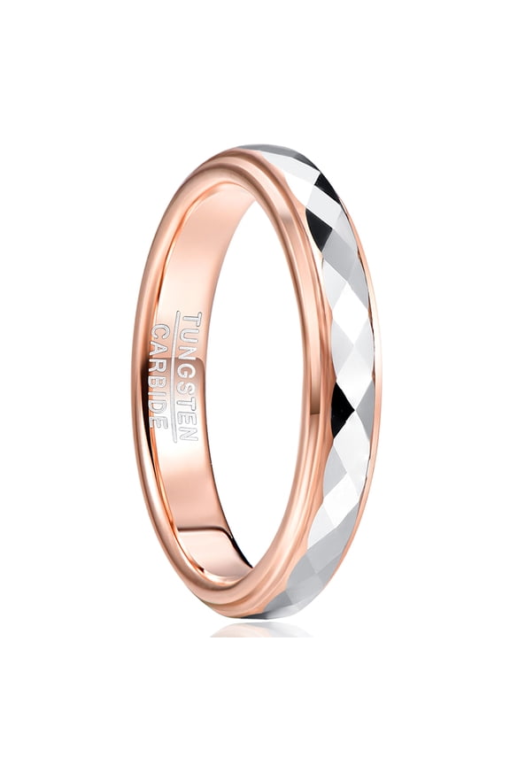 Women's 4mm Rose Gold Plated Tungsten Rings Silver Multifaceted Wedding Ring Step Edge Size 5-10