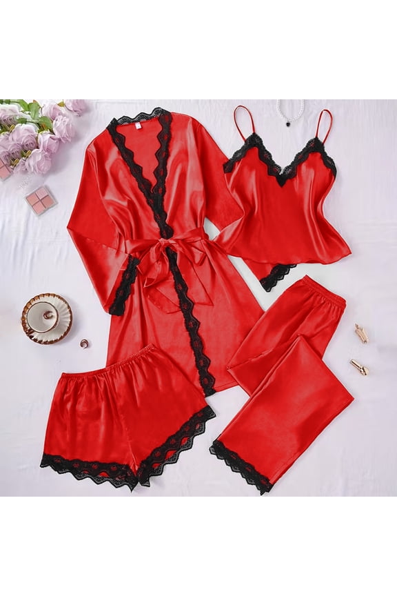 Women's 4pc Sleepwear Sets Lace Cami Tops with Shorts Long Pants Satin Pajamas with Robes Home Suit Red 3XL