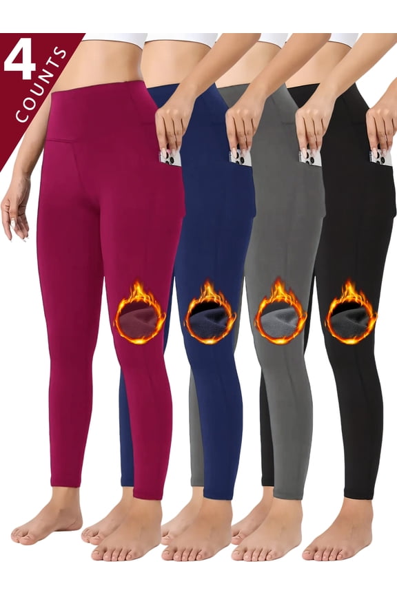 Women's 4pcs Solid Color Fleece Lined Yoga Pants Casual Workout Leggings Warm Comfortable Winter Autumn Tights Sports with Side Pocket