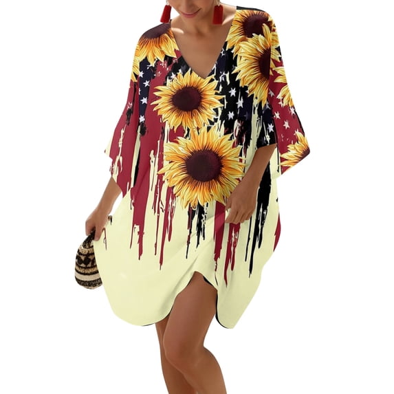 Women's 4th of July 250 Years Anniversary V Neck Star Print Dress Loose Fit Oversized Shoulder Casual Summer Midi Dress Independence Day Patriotic USA Flag Tunic Top Multicolor XXL