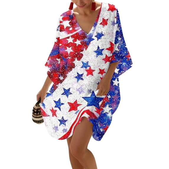 Women's 4th of July 250 Years Anniversary V Neck Star Print Dress Loose Fit Oversized Shoulder Casual Summer Midi Dress Independence Day Patriotic USA Flag Tunic Top Blue L