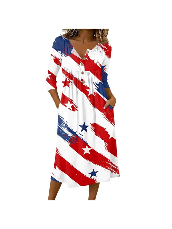 Women's 4th of July 250th Anniversary Artistic Pattern Dress 3/4 Sleeve Button Neck Midi Dress Loose Fit Casual Patriotic Independence Day USA Flag Soft Fabric Everyday Wear White XL